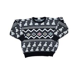 Vintage 80s One Step Up Sweater size L Black White Geometric Dog Print